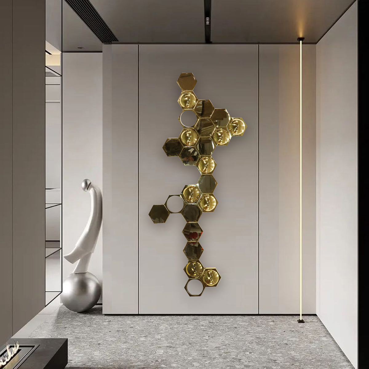 Handcrafted stainless steel connected nodes artwork by BEACON featuring intricate steel nodes and modern design elements.