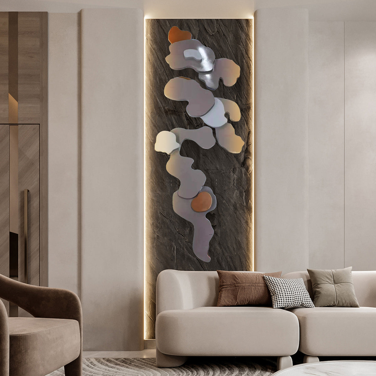 Hand-crafted stainless steel artwork by BEACON, featuring intricate metal design with textured details and modern artistic elements.