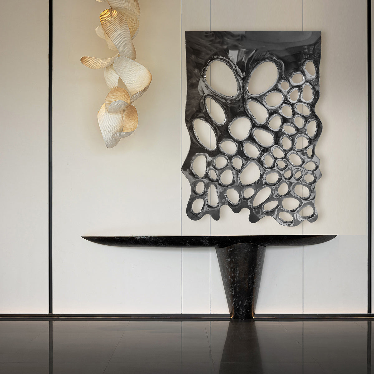 Hand-crafted stainless steel artwork by BEACON, featuring intricate metal design with artistic craftsmanship.