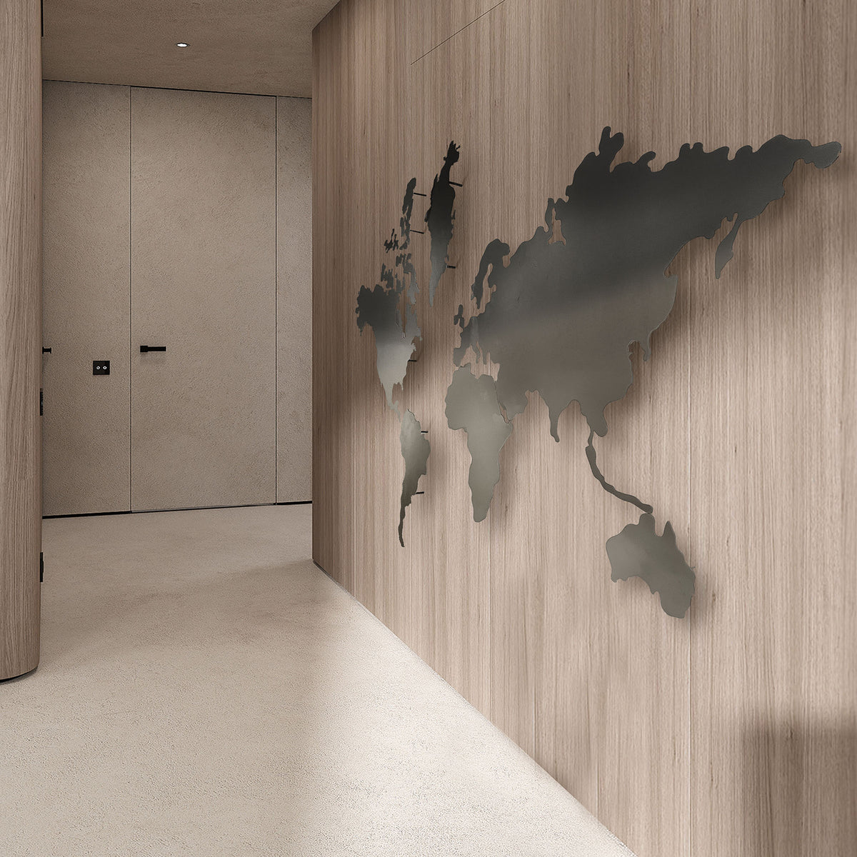 Hand-crafted stainless steel world map artwork by BEACON, featuring detailed continents and a sleek, modern design.