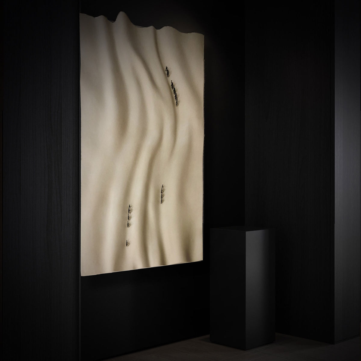 Handmade MDF painting of a camel and two camels with a man, showcasing detailed carving and traditional art style.