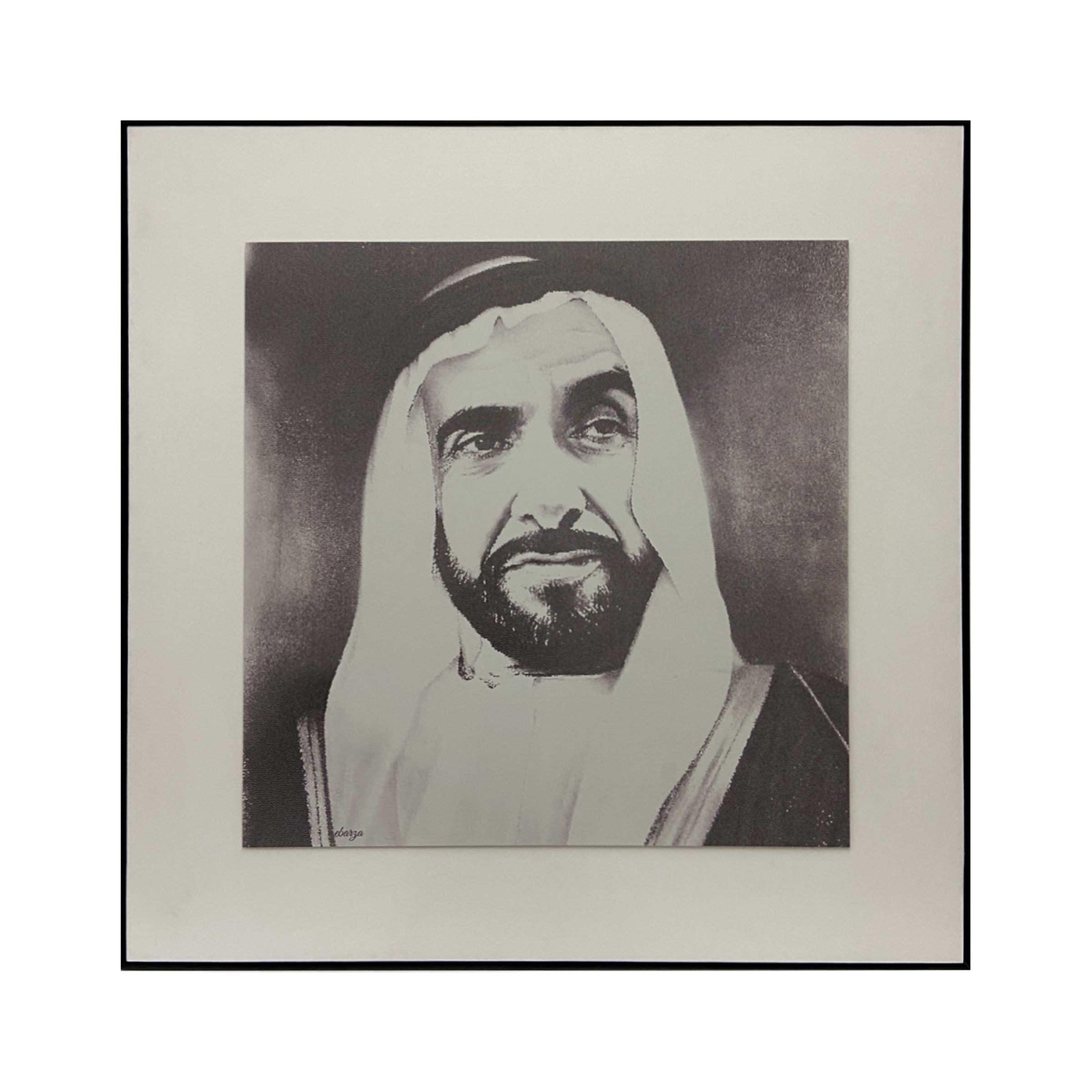 Handmade painting of Sheikh Zayed Bin Sultan Al Nahyan by BEACON, 140x140 cm, detailed portrait artwork on canvas.