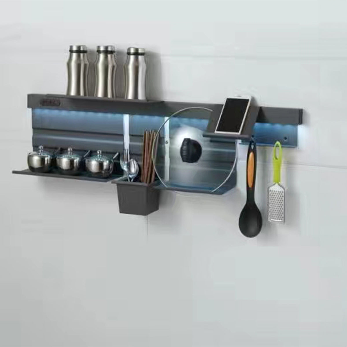 Wall-mounted kitchen hang rack with LED light, ALUSMART AKYOL shelves, modern design, ideal for kitchen organization and lighting.