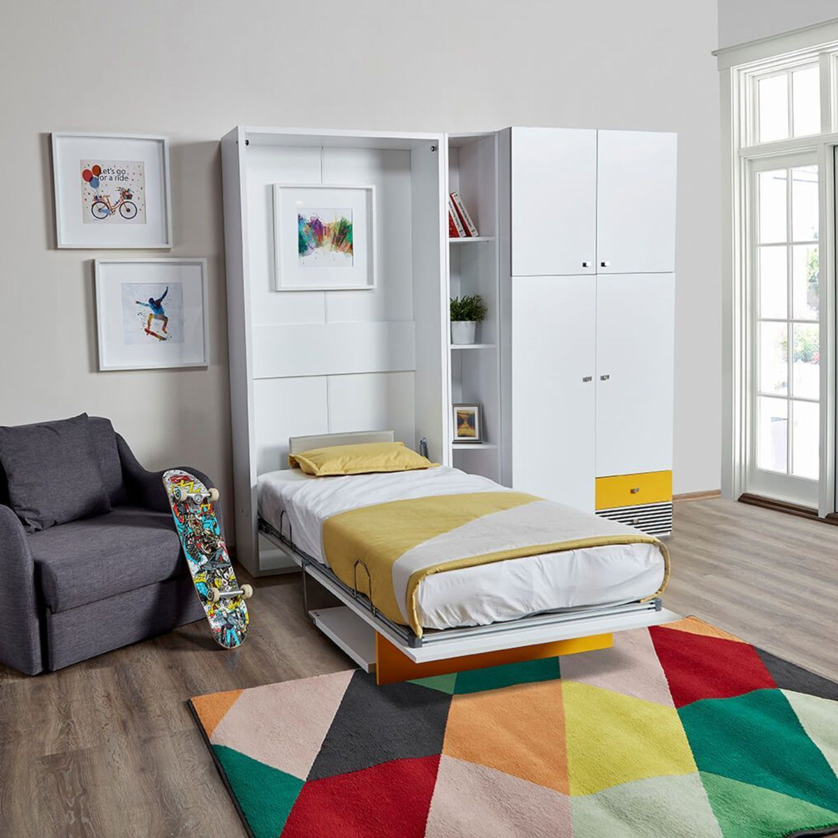 Multimo Happy Wall Bed with Desk and Mattress, versatile bedstead with integrated workspace, in a modern design.