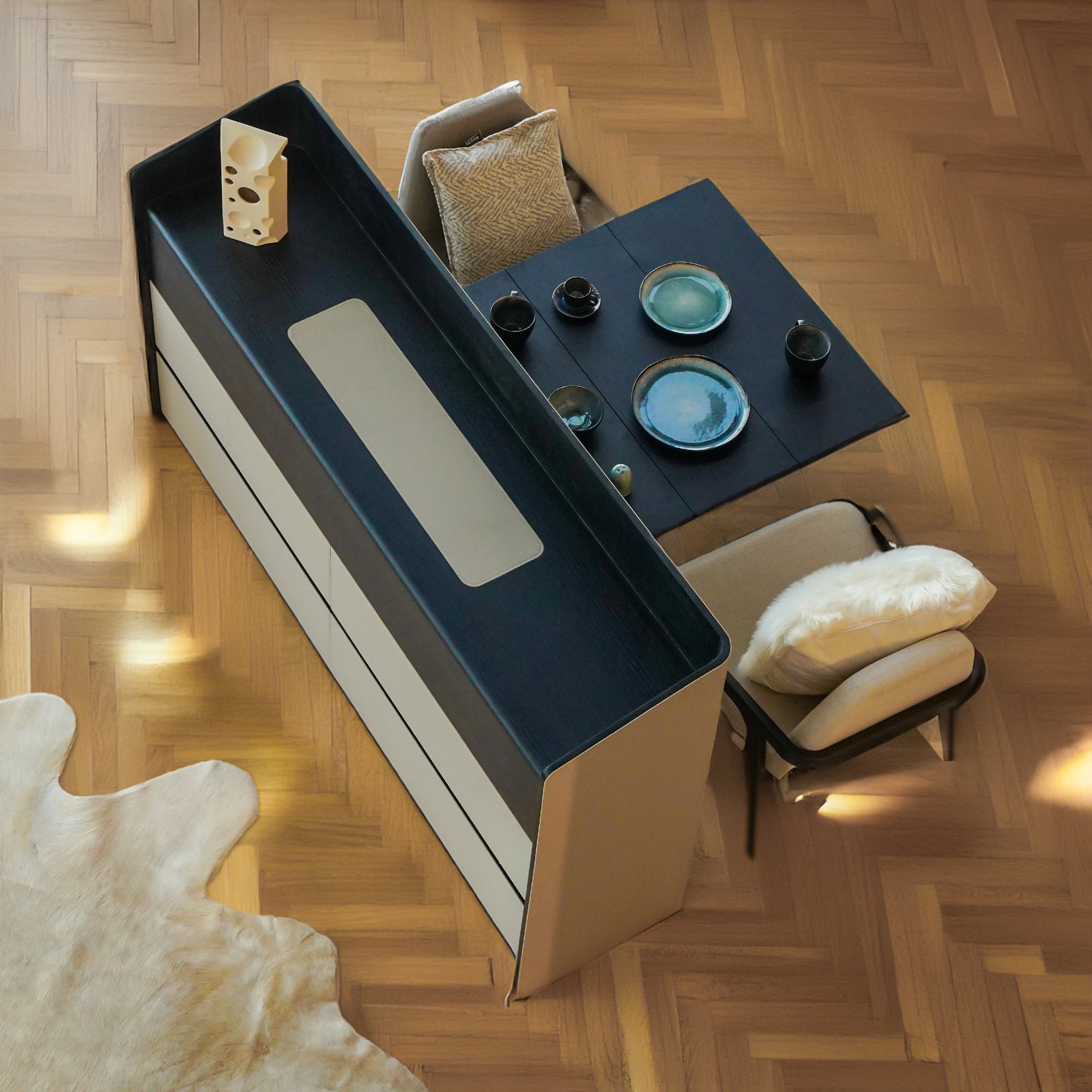 Hidden Dining Table in a Saddle Leather Sideboard Black and Grey MLL-CUS24 - Sideboards - ebarza Furniture UAE | Shop Modern Furniture in Abu Dhabi & Dubai - مفروشات ايبازرا في الامارات | تسوق اثاث عصري وديكورات مميزة في دبي وابوظبي