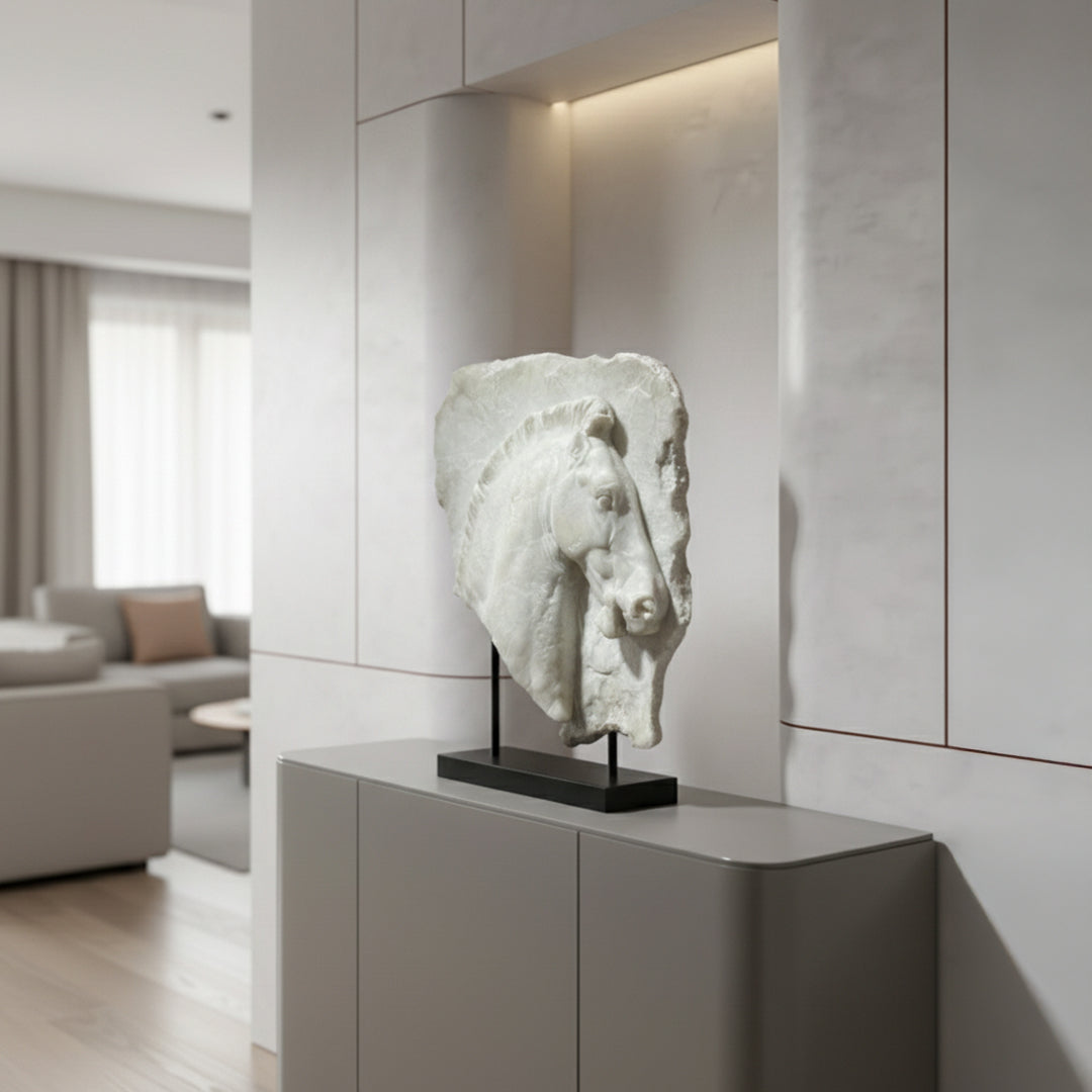 Horse head plaque ornament from BEACON home decor figurines, detailed horse head sculpture for decorative display.