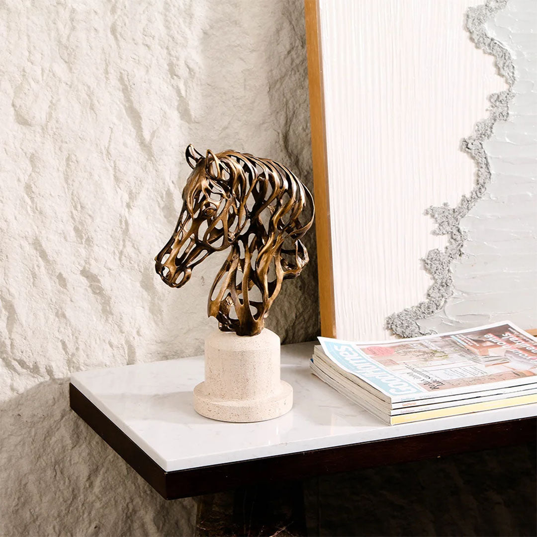 Beige horse head sculpture, detailed home decor figurine by BEACON, suitable for stylish interior decoration.