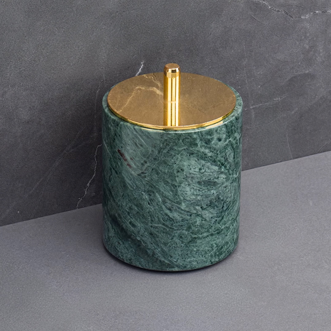 Indian green marble round cotton swab jar with bright gold lid, bathroom accessory by BEACON.