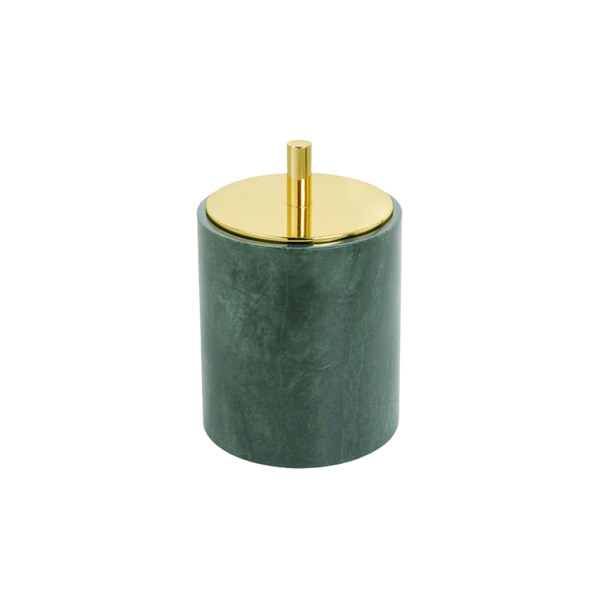 Indian green marble round cotton swab jar with a bright gold lid, a stylish bathroom accessory by BEACON.
