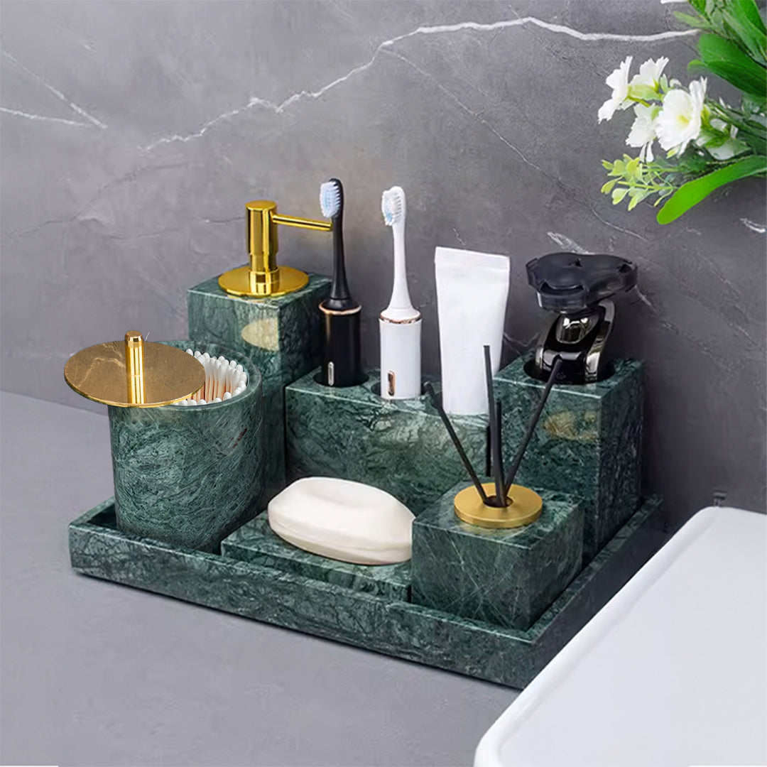 Indian green marble round cotton swab jar with bright gold lid, BEACON bathroom accessory for elegant storage.