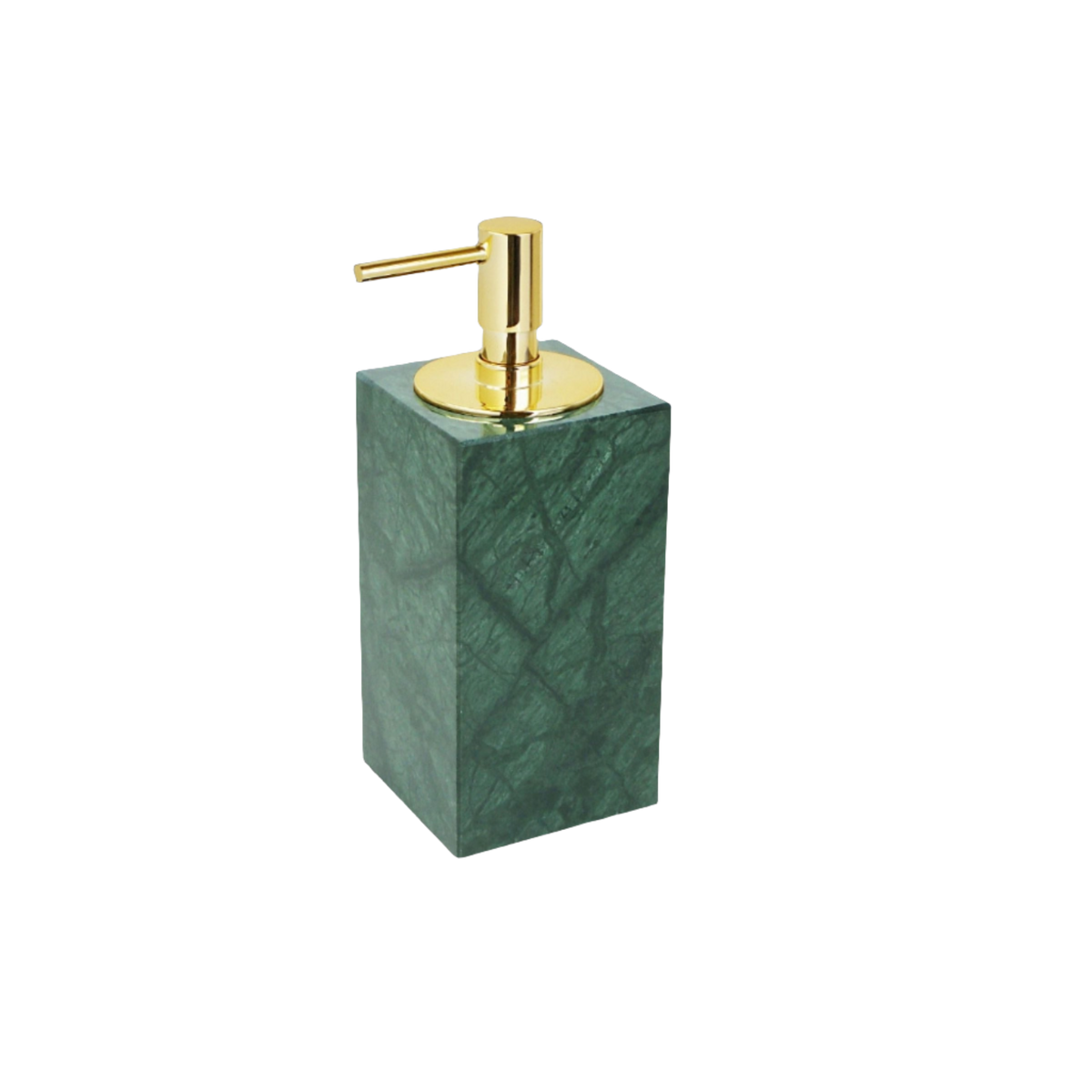 Indian green marble square hand sanitizer bottle with bright gold nozzle, bathroom accessory by BEACON in LHDG SBK840-1 style.