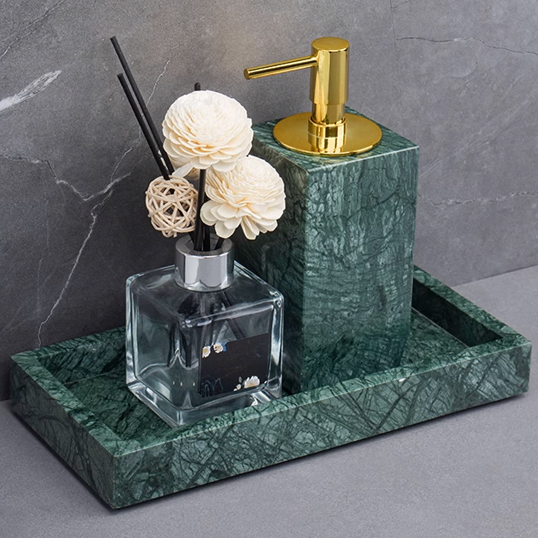 Indian green marble square hand sanitizer bottle with bright gold nozzle, part of BEACON bathroom accessories collection.