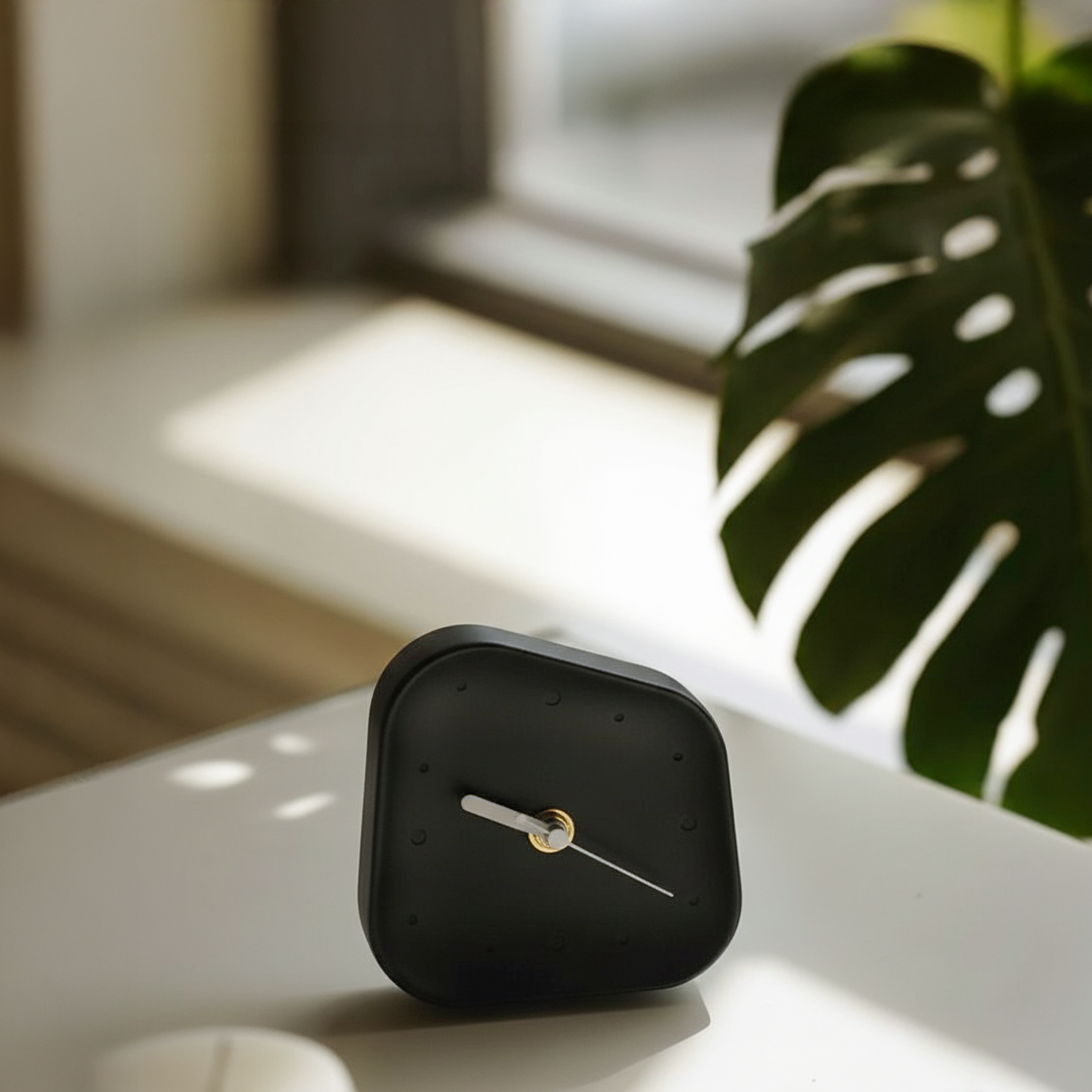 Ink black square desk clock by BEACON, TCB290 model, with a modern design and clear analog face for easy time reading.