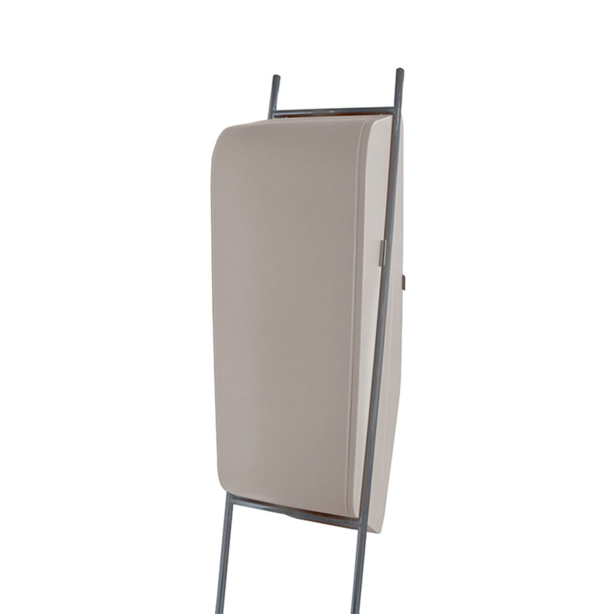 Irregular shape highboard sideboard unit with gray saddle leather and stainless steel accents, designed for modern living spaces.