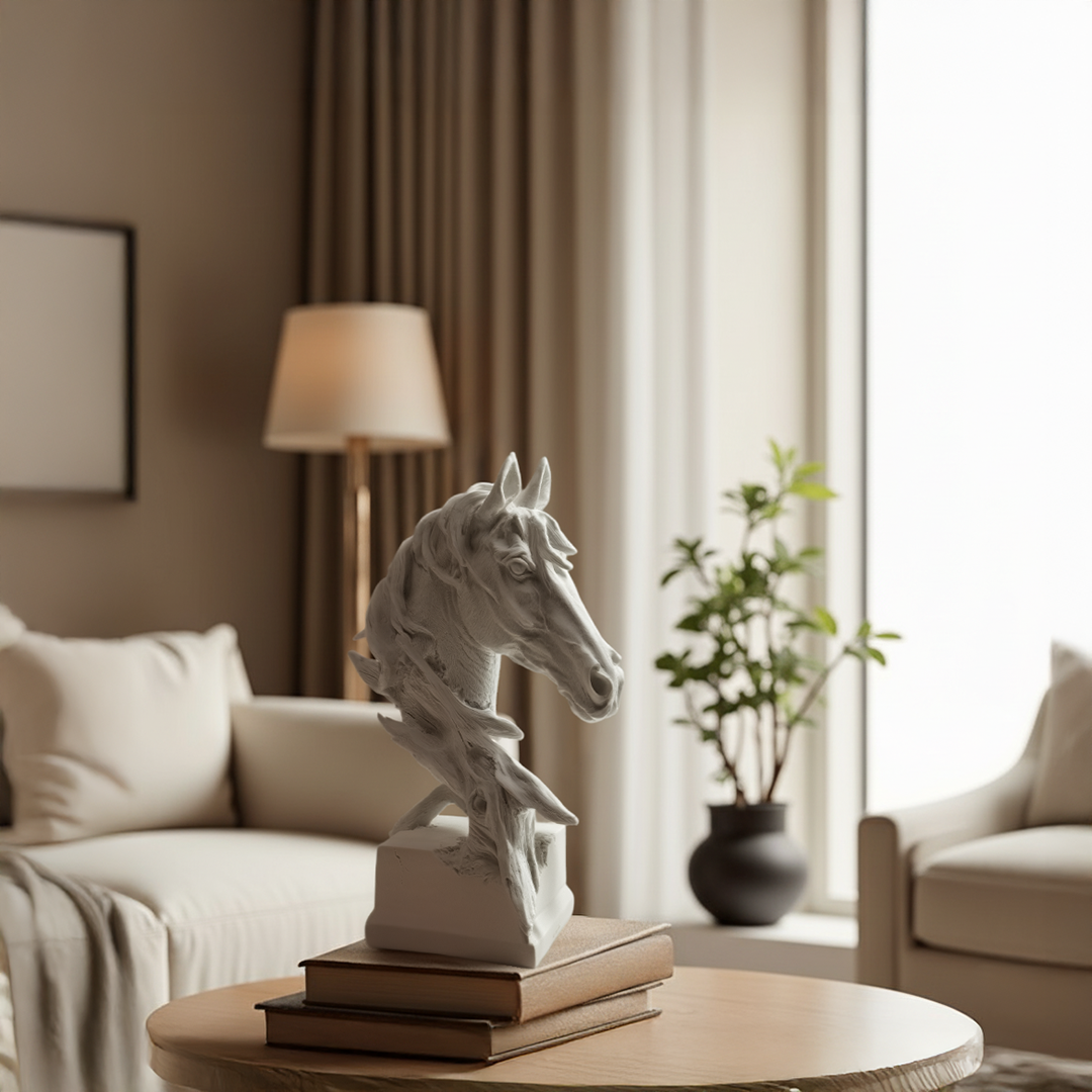 Ivory white horse head ornament from BEACON home decor figurines, detailed horse sculpture for elegant interior decoration.