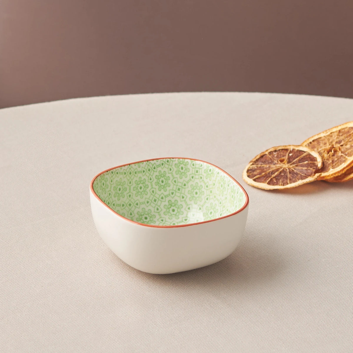 Green square snack bowl by Karaca, 10 cm, featuring floral design, ideal for serving small snacks or dips.