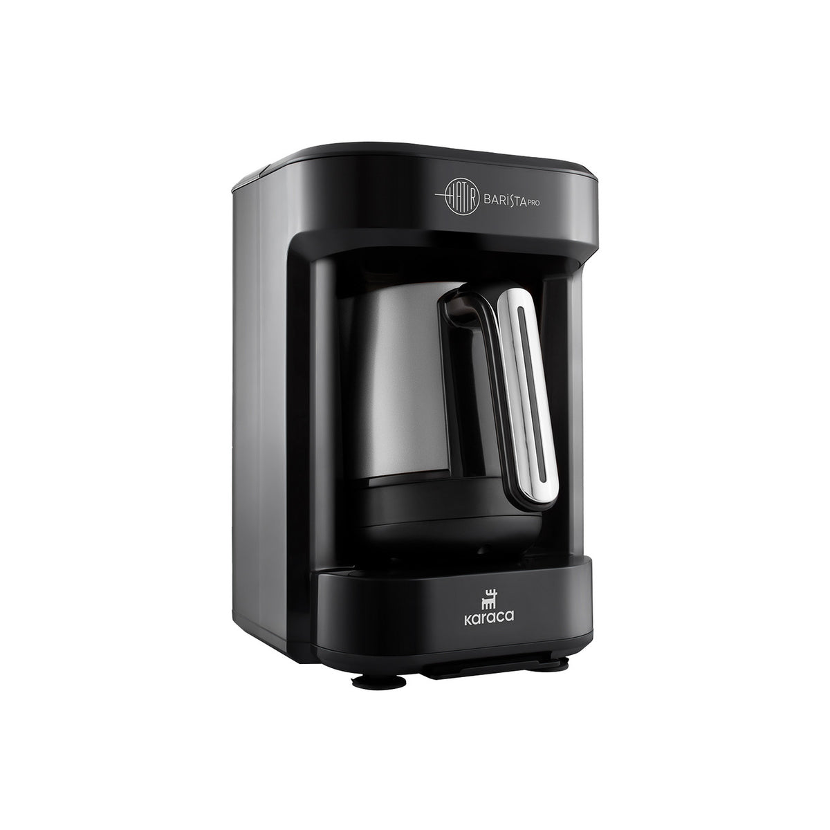 Karaca Hatır Barista Pro talking cappuccino and Turkish coffee machine in rose gold, with digital display and brewing controls.