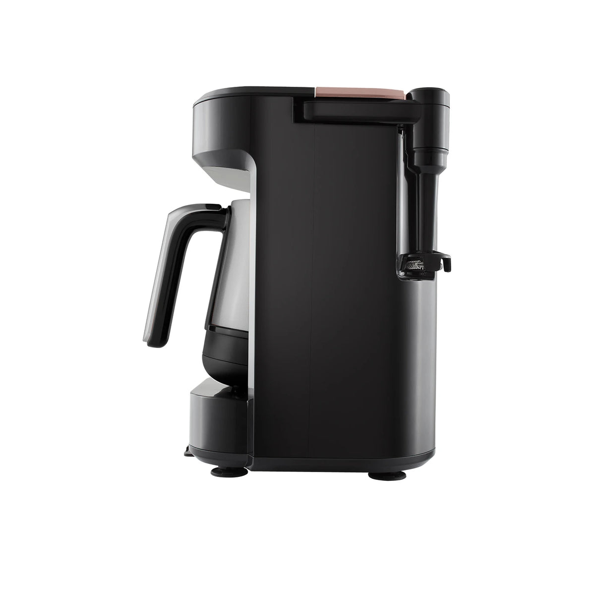 Karaca Hatır Barista Pro talking cappuccino and Turkish coffee machine in rose gold, with digital display and coffee brewing components.