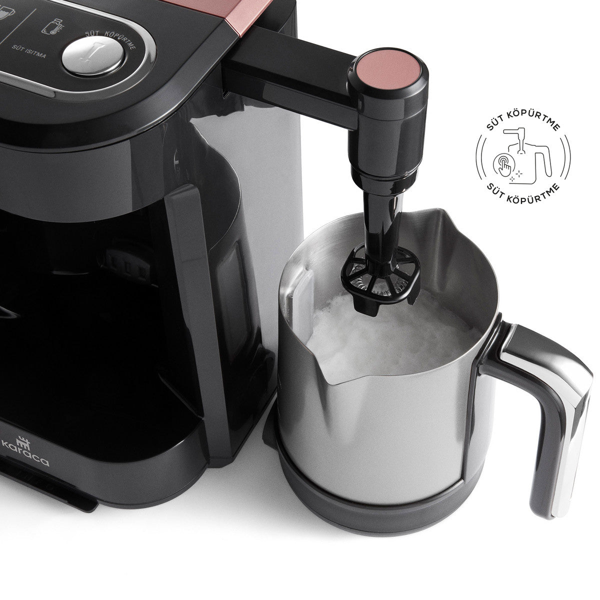 Karaca Hatır Barista Pro talking coffee machine in rose gold, designed for cappuccino and Turkish coffee brewing.