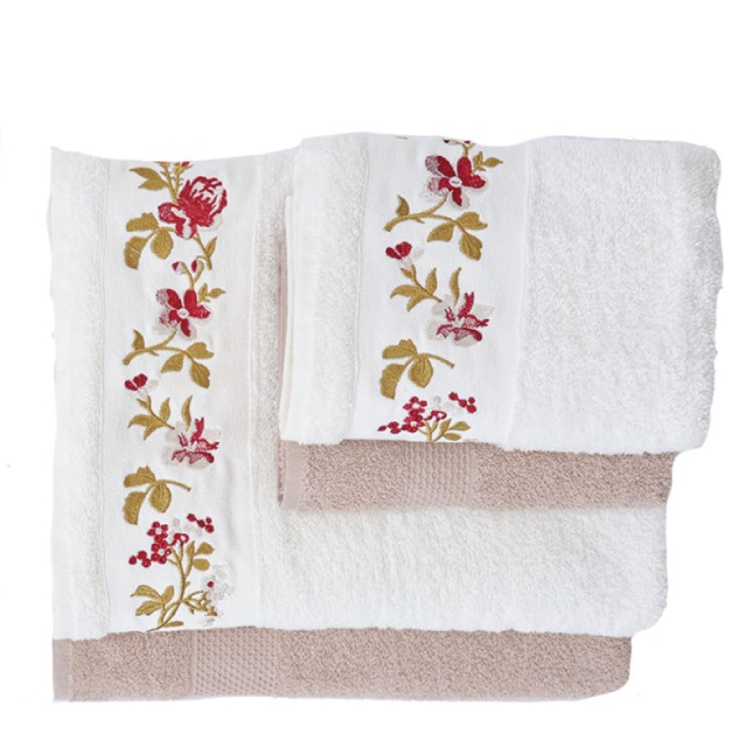 Karaca Home 100% Cotton Turkish Bath Set with Red Beige Embroidery 200.20.01.0720 - Towels - ebarza Furniture UAE | Shop Modern Furniture in Abu Dhabi & Dubai - مفروشات ايبازرا في الامارات | تسوق اثاث عصري وديكورات مميزة في دبي وابوظبي