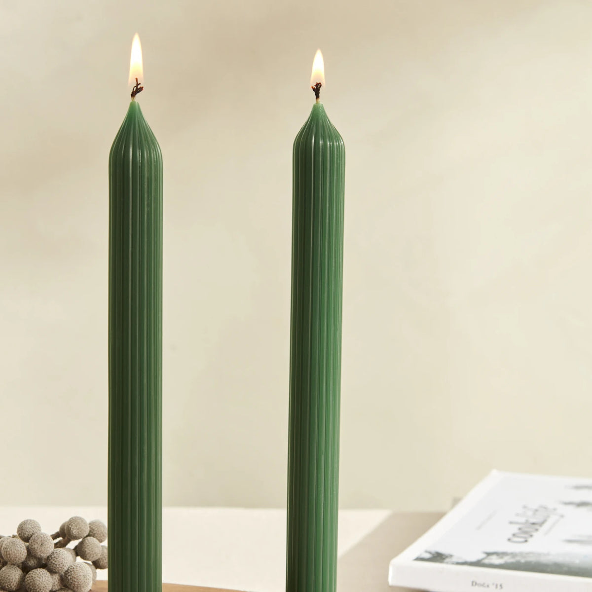 Karaca Home Wave 2-Green Candlestick Candles, decorative green candles in clear glass holders, ideal for home decor.