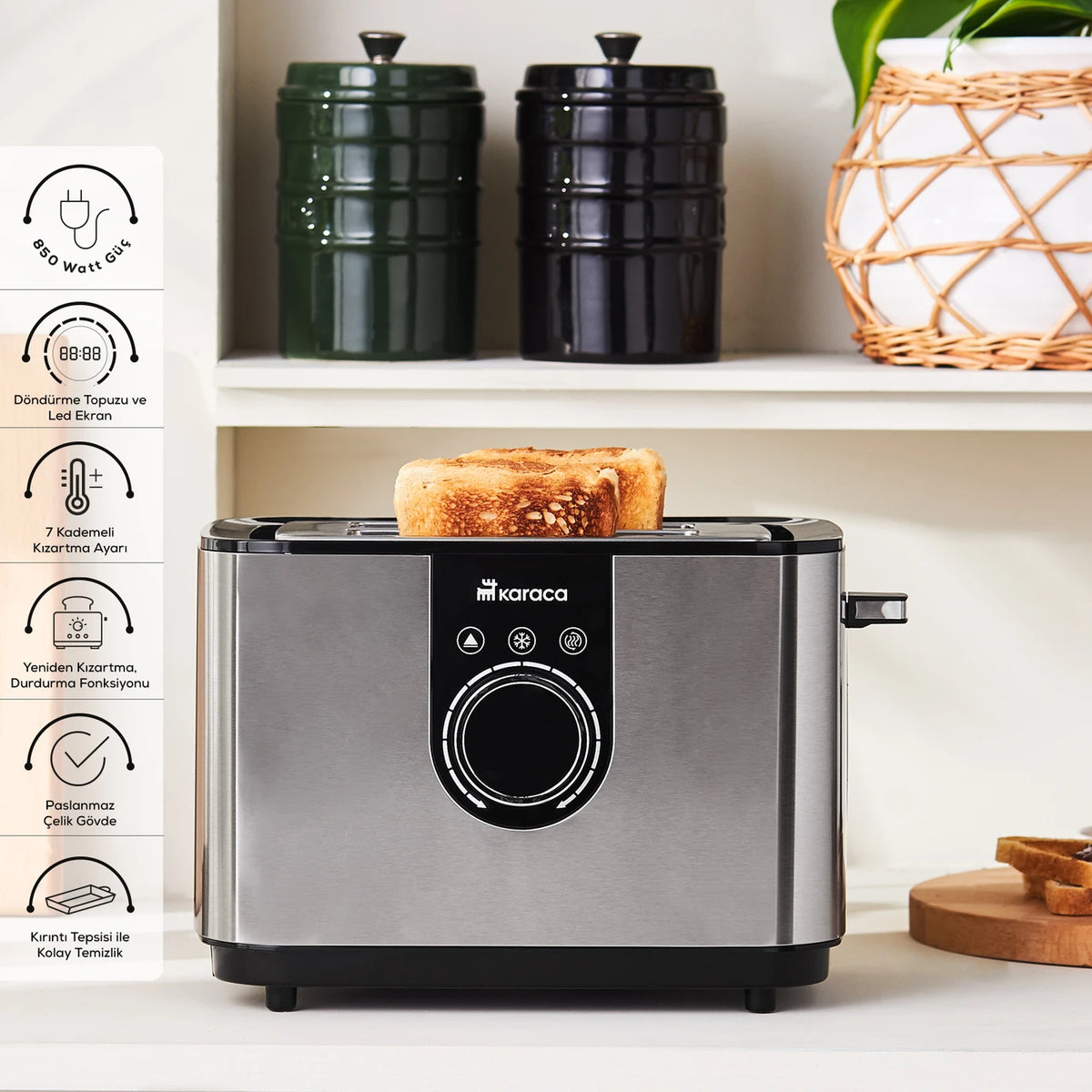 Karaca Inox Toaster 2303 kitchen appliance with stainless steel body, two slots for toasting bread, modern design