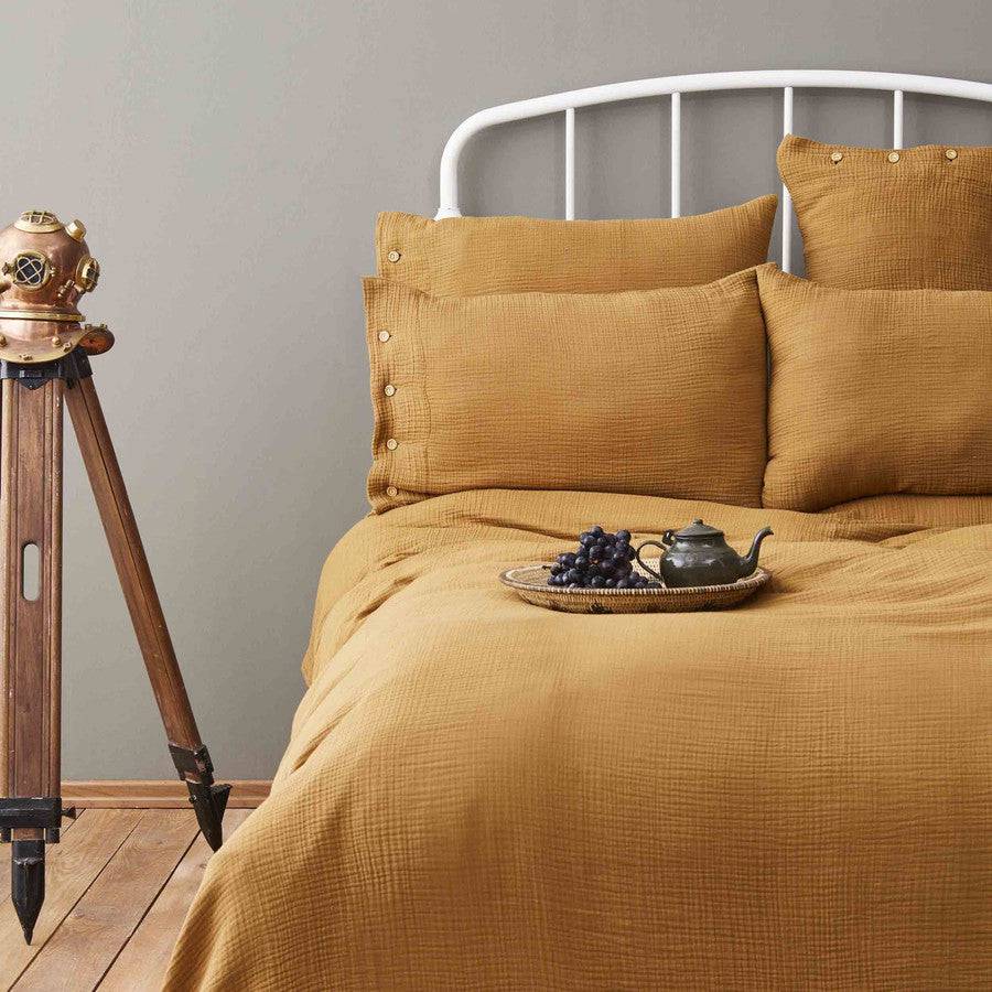 Karaca Nautica Home Bow Mustard Double-Sided Single Muslin Bedspread Set 180.01.01.0432 - Bedding - ebarza Furniture UAE | Shop Modern Furniture in Abu Dhabi & Dubai - مفروشات ايبازرا في الامارات | تسوق اثاث عصري وديكورات مميزة في دبي وابوظبي