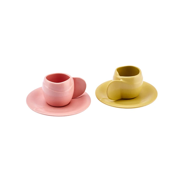 Karaca Rosy coffee cup set for 2 persons, 90 ml capacity, featuring elegant ceramic cups with floral design.