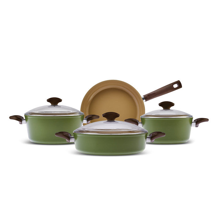 Karaca Swiss Crystal Nature Pro 7-piece cookware set with stainless steel pots and pans, glass lids, and ergonomic handles.