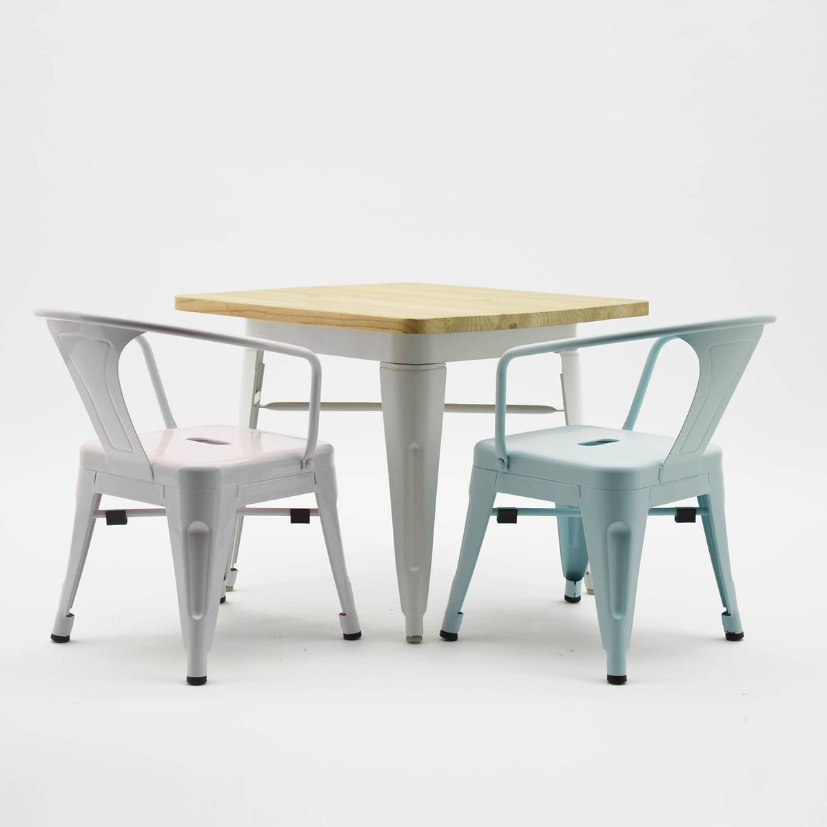 Kids metal chair from RUDI, model K01-W, with a sturdy design and colorful finish, ideal for children’s play or study areas.