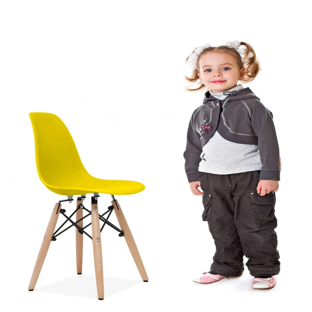 Colorful plastic kids chair by RUDI, designed for children, with a sturdy build and ergonomic shape for comfortable seating.