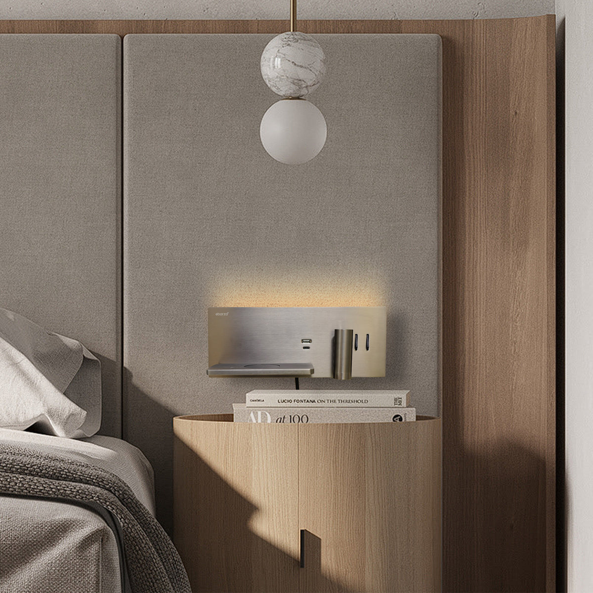 BEACON Kross Hotel Style Wall Reading Lamp mounted on a headboard, featuring sleek design and adjustable lighting.