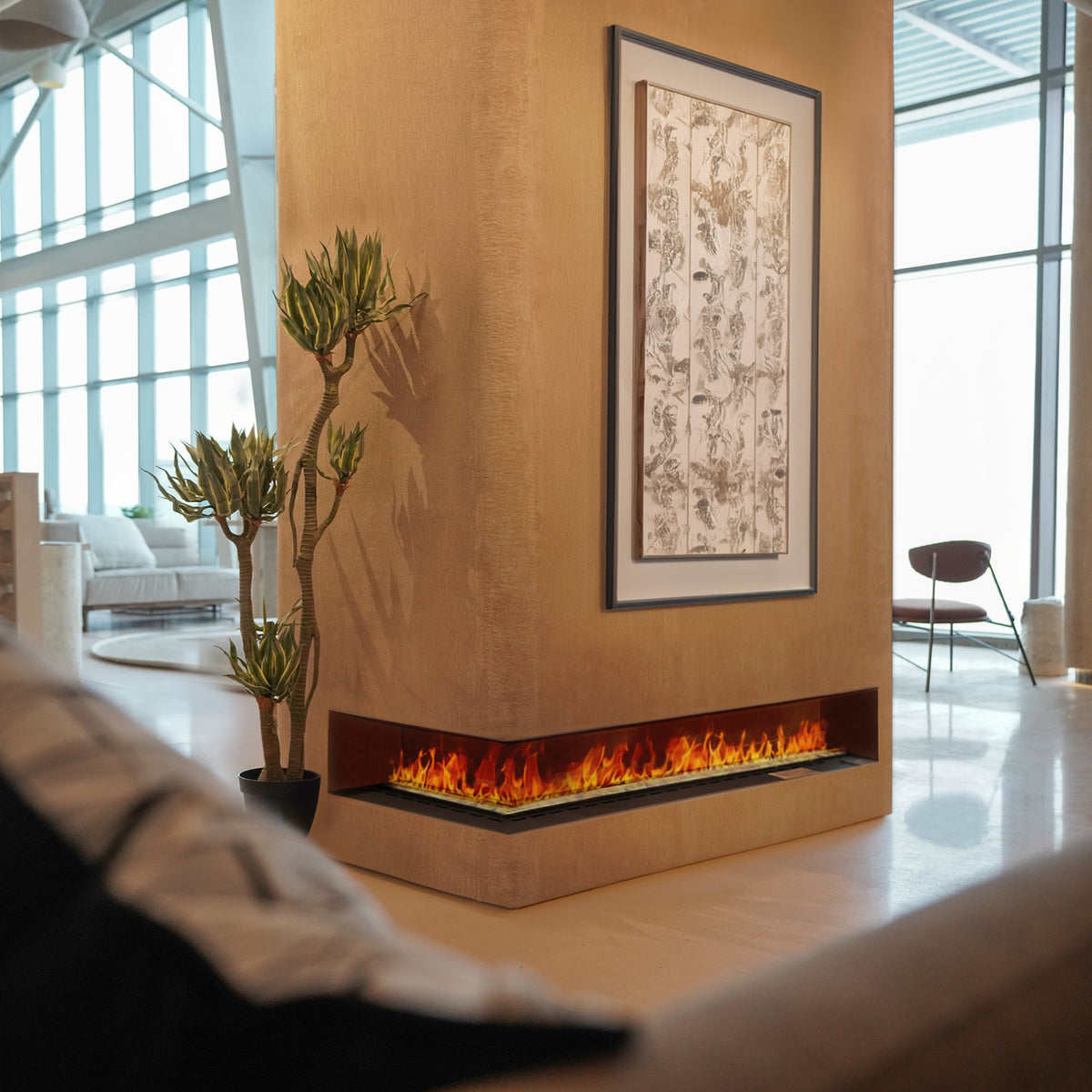 L-shaped BEACON electric fireplace with water vapor effects, 3D mist, and modern decorative design, left side view.