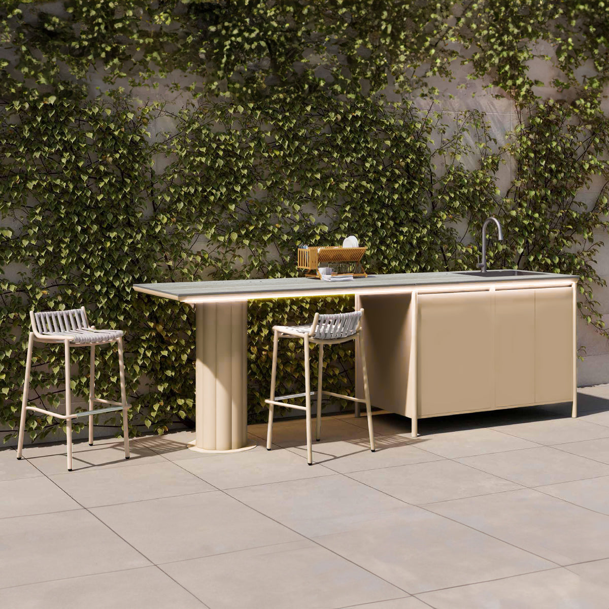 BEACON Lagoon outdoor cabinet with ceramic top, part of outdoor furniture set, featuring storage and stylish design.