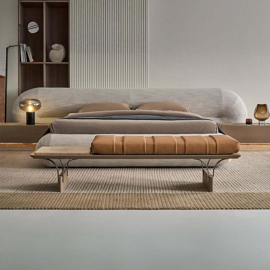 BEACON Laisi microfiber leather bench with beige travertine side, modern design, suitable for living room or entryway.