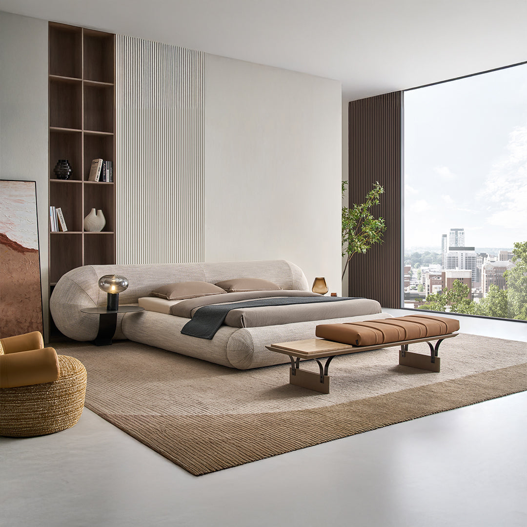 Laisi microfiber leather bench with beige travertine side, modern design, by BEACON, model DB-C-02 B style, for stylish seating.