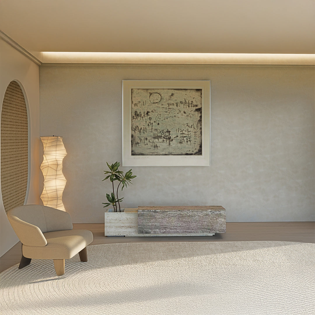 Lapis travertine bench with integrated side table and planter box by A2STONE, featuring a sleek, natural stone design.