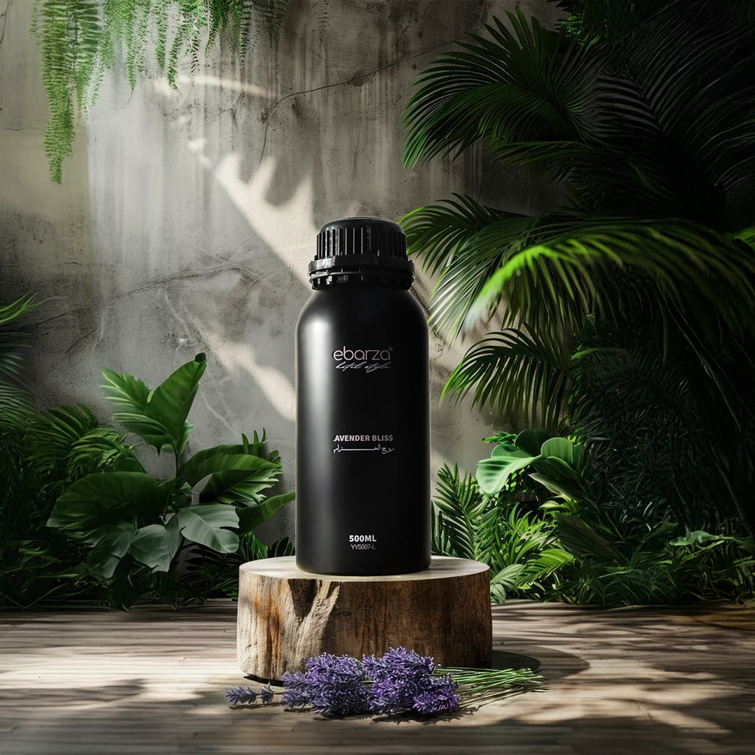 Lavender Bliss Essential Oil in a 500ml bottle by BEACON, showing the label and clear glass bottle of lavender-scented essential oil.