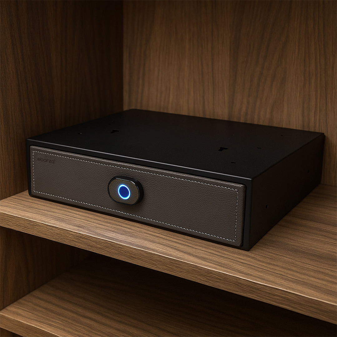 Leather drawer safe box with fingerprint lock by BEACON, 35cm size, secure storage for valuables, modern design.
