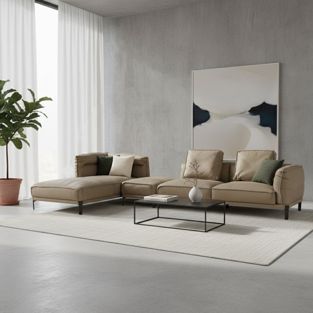 BEACON leather high rebound L-shape sponge sofa with modern design and plush cushions, perfect for contemporary living rooms.