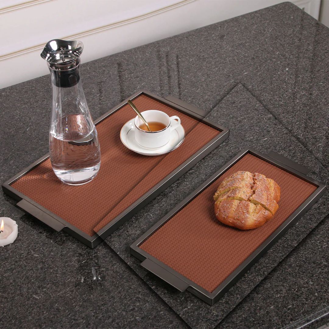 Brown leather and metal tray from Beacon with a sleek design, perfect for serving or decorative use.