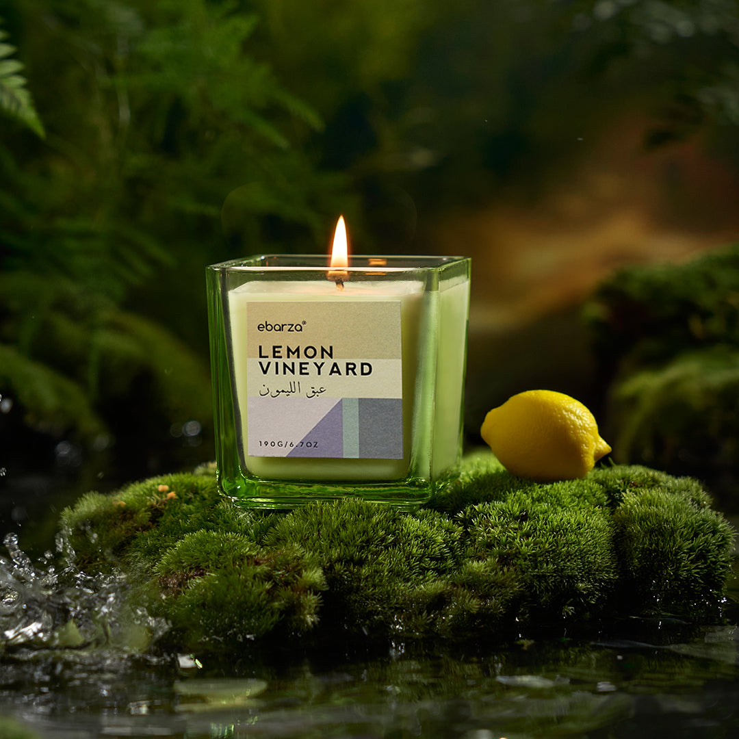 Lemon Vineyard Charming scented candle in lemon and lime green glass jar, 190g, by M&SENSE candles, with lemon motif design.