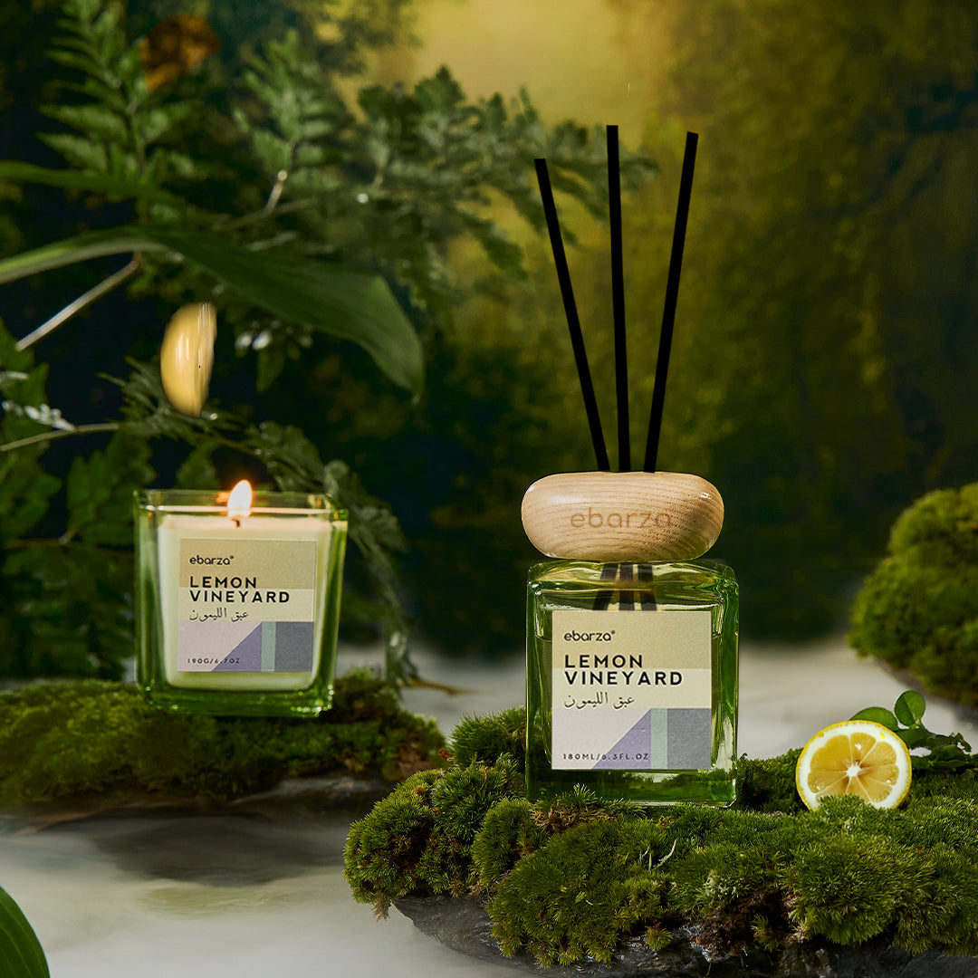 Lemon Vineyard scented candle in lemon and lime green jar, 190g, from M&SENSE, with a charming lemon and vineyard design.