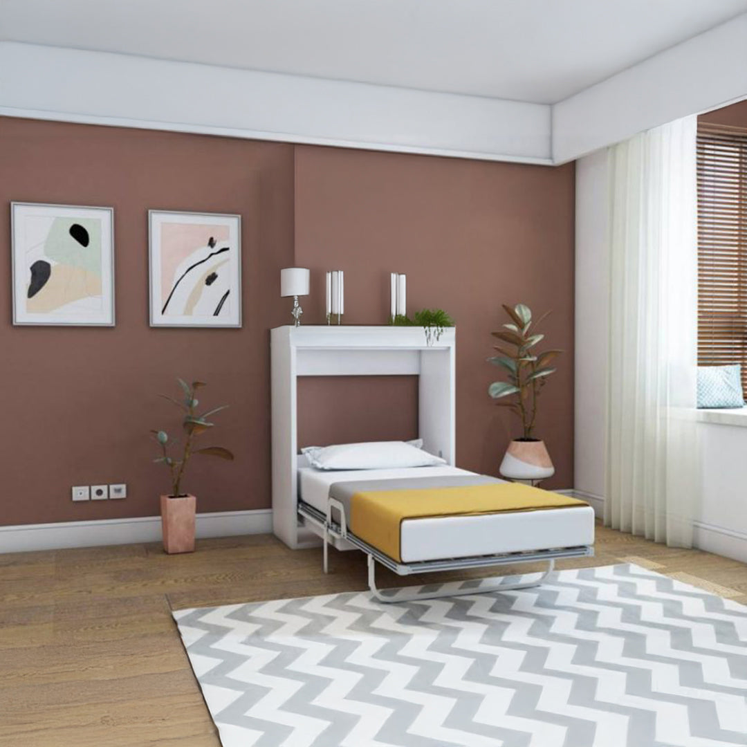 Multimo LIFE CAPSULE folding single bed with mattress and secret table module, versatile bedstead in a compact design.