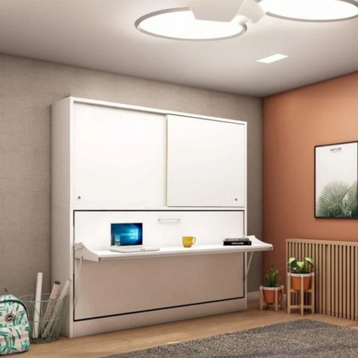 LIFE Convertable Wall Bed with Desk, Cabinet, and Mattress - 1121-LMDC - Bedsteads - ebarza Furniture UAE | Shop Modern Furniture in Abu Dhabi & Dubai - مفروشات ايبازرا في الامارات | تسوق اثاث عصري وديكورات مميزة في دبي وابوظبي