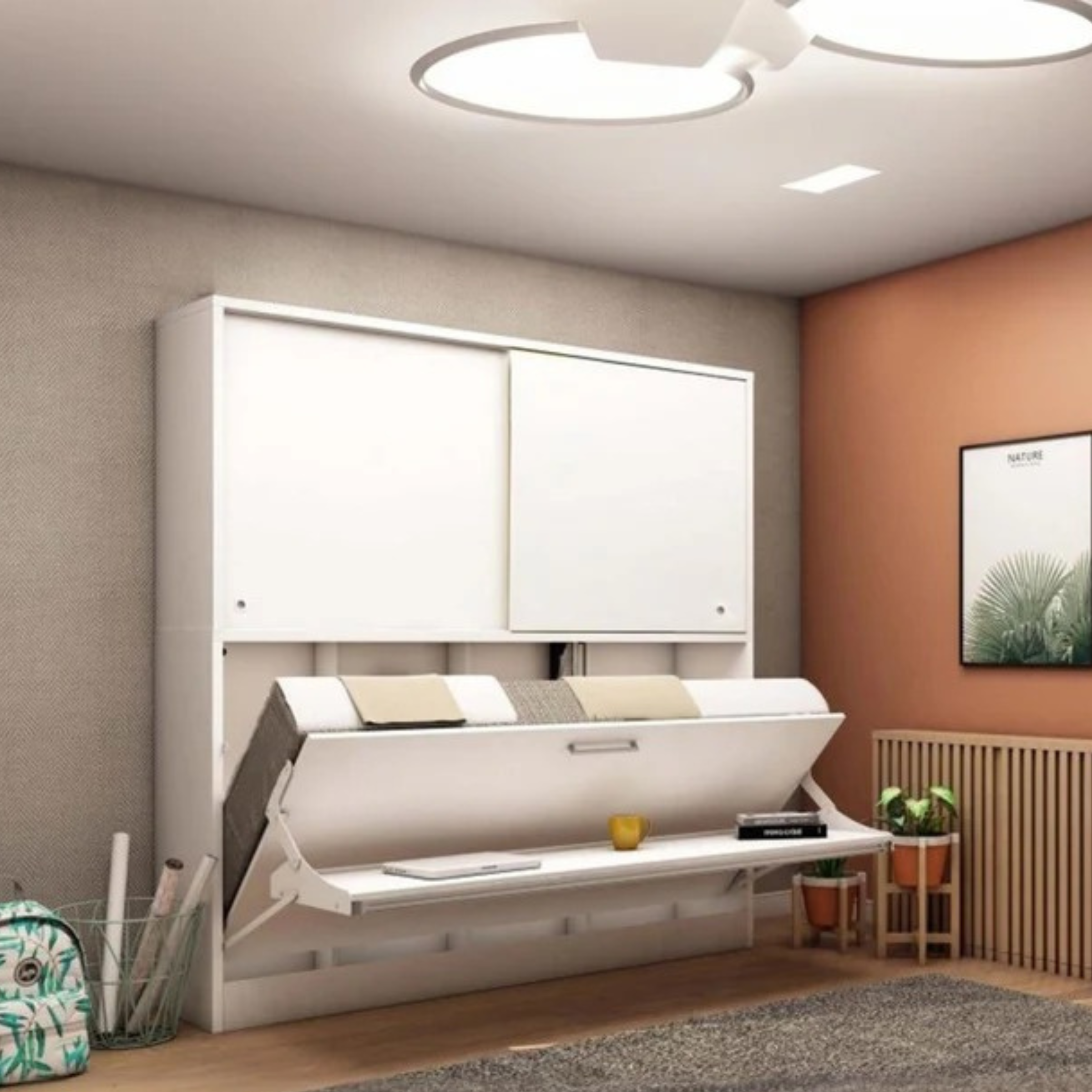 LIFE Convertable Wall Bed with Desk, Cabinet, and Mattress - 1121-LMDC - Bedsteads - ebarza Furniture UAE | Shop Modern Furniture in Abu Dhabi & Dubai - مفروشات ايبازرا في الامارات | تسوق اثاث عصري وديكورات مميزة في دبي وابوظبي