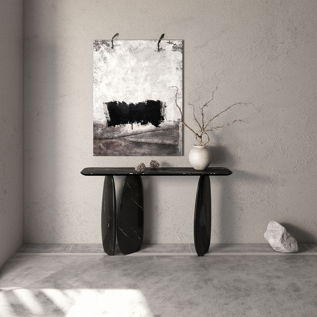 Lisbon Nero Marquina console table by A2STONE with sleek black marble top and modern design, perfect for entryways or living rooms.