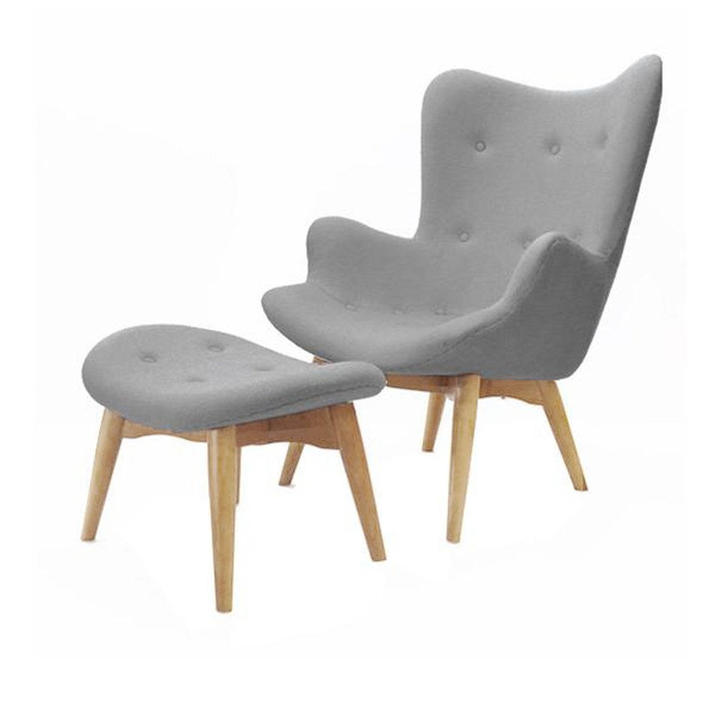 Display lounge chair and ottoman by Beacon in neutral fabric, with sleek modern design and wooden legs.