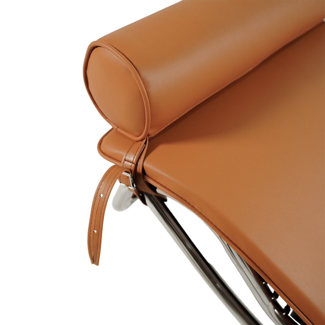 Genuine orange leather chaise lounge chair by BEACON, modern design with plush cushioning and sleek legs for stylish comfort.