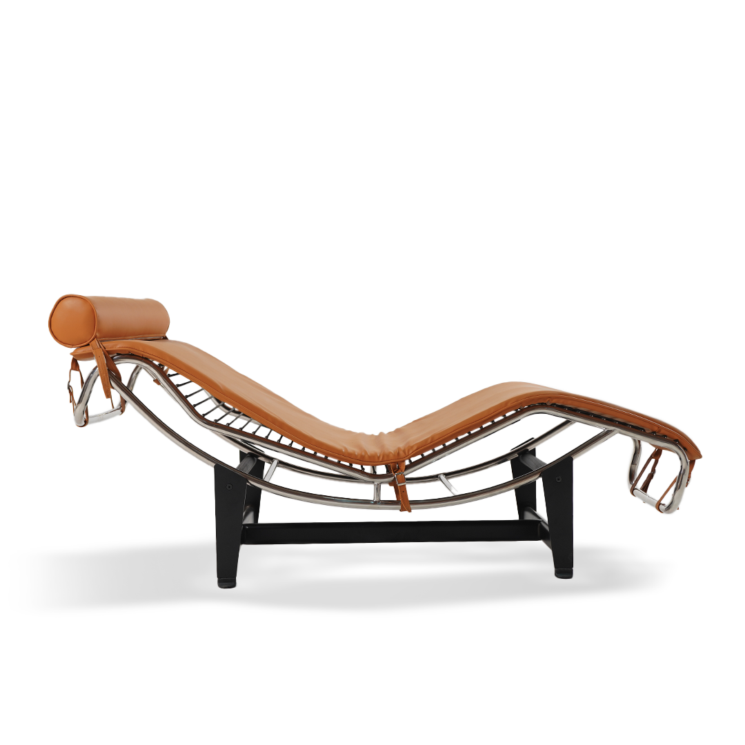 Genuine orange leather chaise lounge chair by BEACON, featuring a sleek, modern design with plush seating and stylish curves.